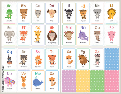 Cute animal alphabet cards printable template. Children ABC flash card set. Cartoon animals vector illustration. Simple letters learning cut file for kids English language education.