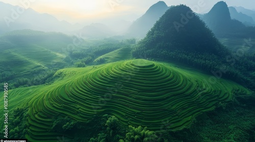 The image of beautiful forests, natural mountains and vast rice fields forms a fingerprint when viewed from above. The image is clearly visible. photo