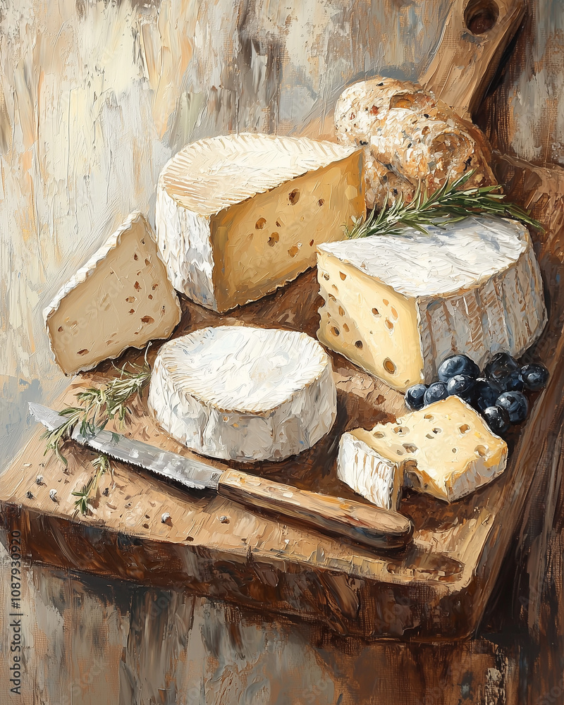 artistic cheese platter with brie, swiss, and fresh blueberries on rustic wooden background artistic cheese platter with brie, swiss, and fresh blueberries on rustic wooden background