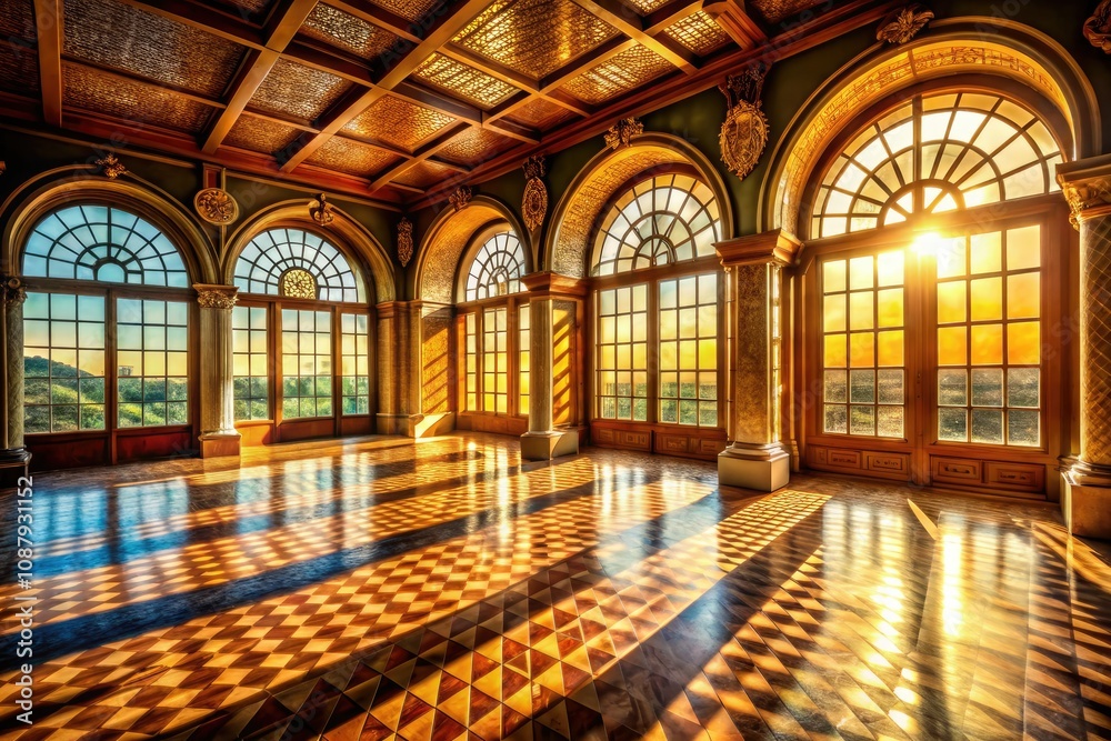 Obraz premium Sunlit Elegance in an Expansive Room with Intricate Arched Wooden Windows and Tiled Flooring