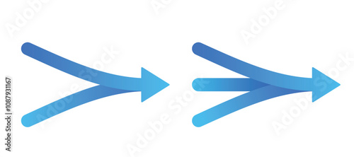 Two and three arrows merging icon set. Clipart image isolated on white background.