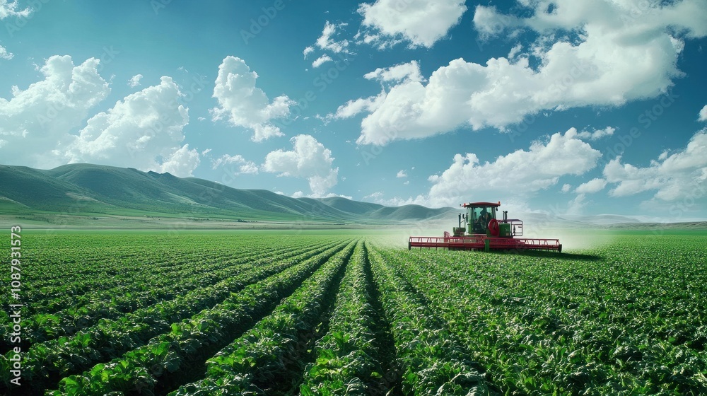 A high-tech harvesting machine in action, collecting fresh vegetables in a vast farm field, with clear skies and vibrant greenery, perfect for a commercial poster A high-tech harvesting machine in action, collecting fresh vegetables in a vast farm field, with clear skies and vibrant greenery, perfect for a commercial poster