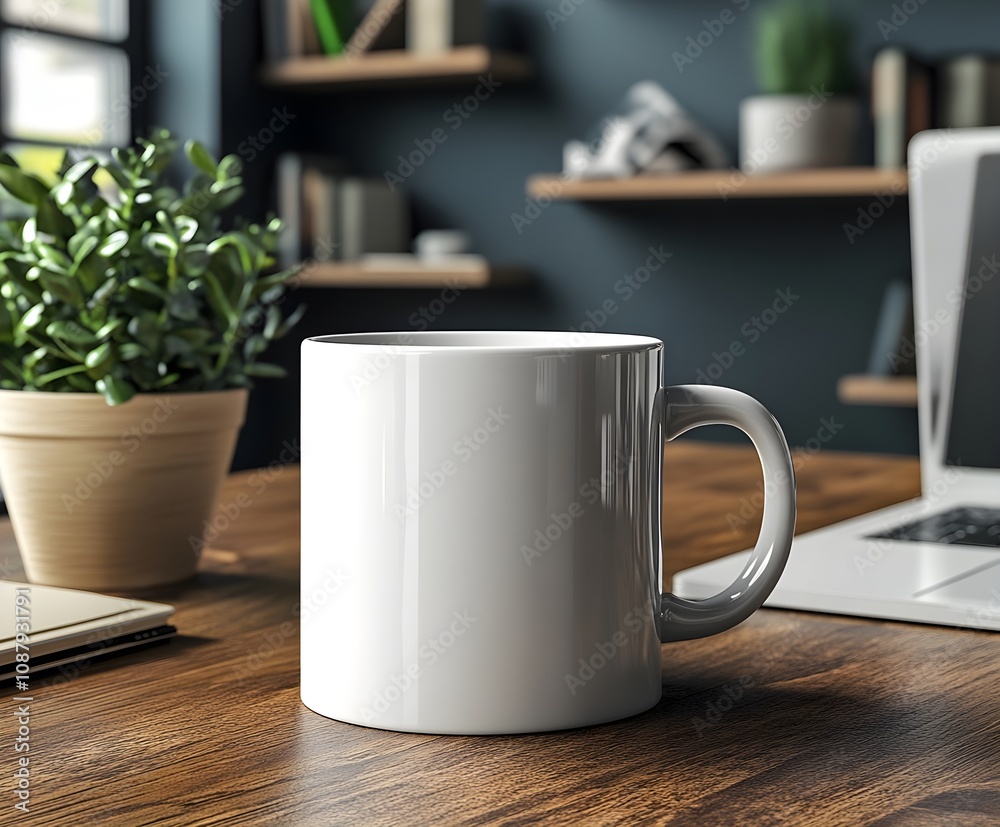 Blank white mug mockup in a modern office, next to a laptop and notepads. Blank white mug mockup in a modern office, next to a laptop and notepads.