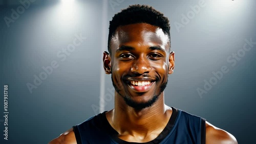 A smiling athlete wearing a black jersey in a brightly lit indoor setting photo