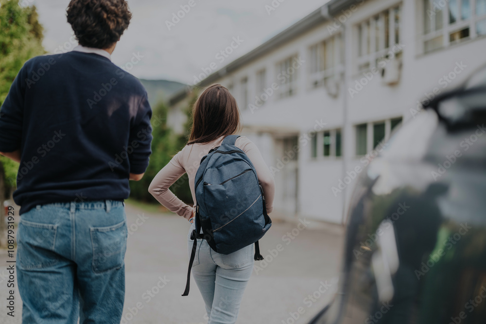Naklejka premium A parent walks with two children towards a school, signifying the start of a new day. The children carry backpacks and appear eager to begin their lessons. The setting is a vibrant school environment.