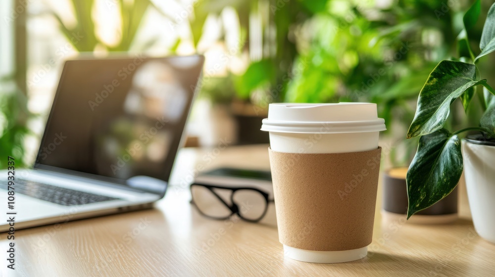 A stylish pair of eyeglasses resting on a clean, organized desk with a laptop and a coffee cup, creating a modern, professional atmosphere for a commercial poster A stylish pair of eyeglasses resting on a clean, organized desk with a laptop and a coffee cup, creating a modern, professional atmosphere for a commercial poster