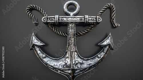 A Silver Anchor with Detailed Rope, Resting on a Transparent Surface, Highlighting Nautical Elegance and the Timeless Symbol of Stability and Strength photo