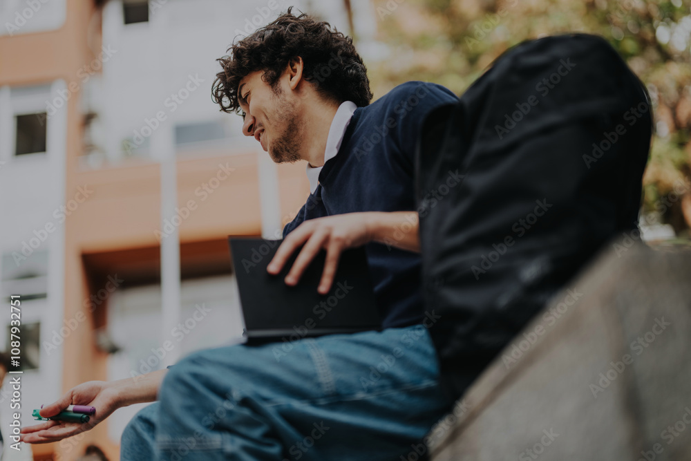 A student enjoys studying outdoors in a city environment after attending classes. The scene captures a relaxed and focused study moment with a notebook and backpack. A student enjoys studying outdoors in a city environment after attending classes. The scene captures a relaxed and focused study moment with a notebook and backpack.