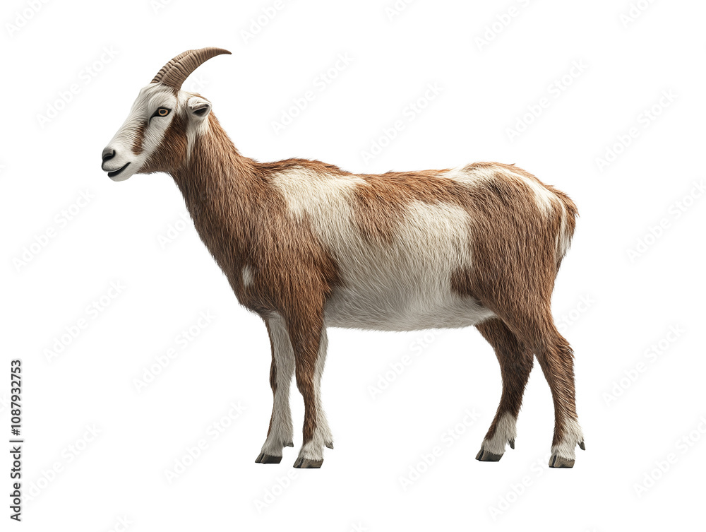 Fototapeta premium Realistic brown and white goat standing gracefully on a plain transparent background in a studio setting, showcasing its distinctive features and texture