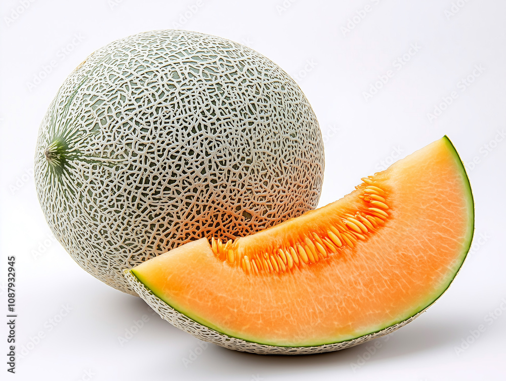 Fresh cantaloupe on a white background with a slice showcasing its vibrant orange flesh and textured rind, ideal for summer delights Fresh cantaloupe on a white background with a slice showcasing its vibrant orange flesh and textured rind, ideal for summer delights