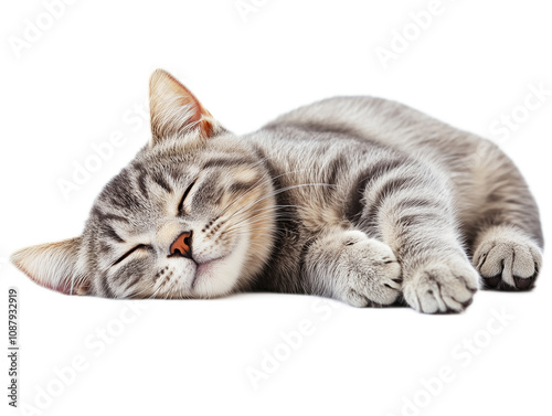A gray striped cat peacefully sleeping on its side, showcasing its soft fur and relaxed expression in a serene setting