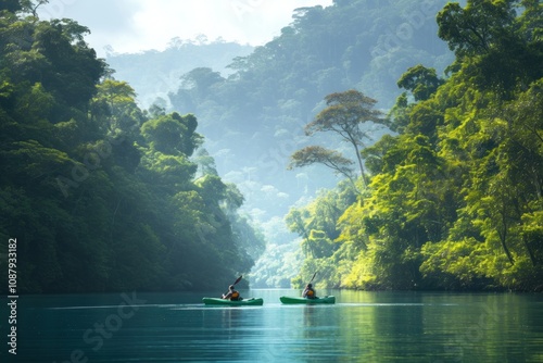 Two people kayaking through a narrow passage in a lush, green forest. photo