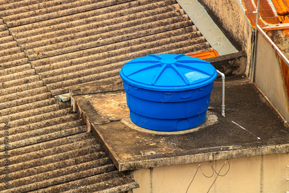 Blue water tank installed on top of a building or residence, in a concrete structure. Reservoir used for storing water. Blue water tank installed on top of a building or residence, in a concrete structure. Reservoir used for storing water.