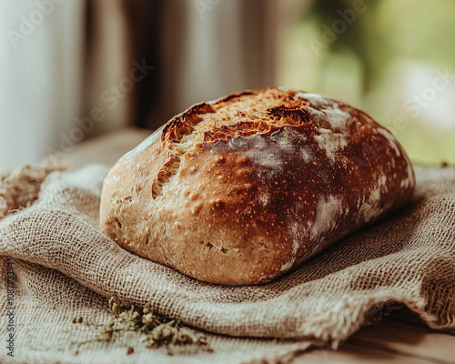 freshly baked spelt bread on a rustic table with natural light filtering through a window