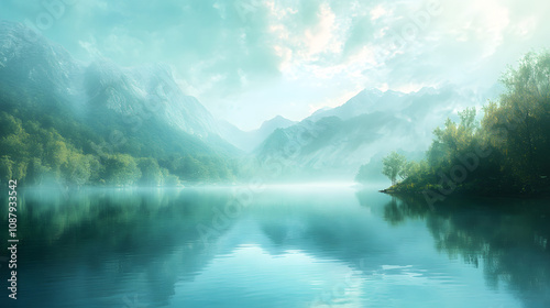 Serene Aquatic Awe Landscape with Turquoise Waters and Misty Mountains