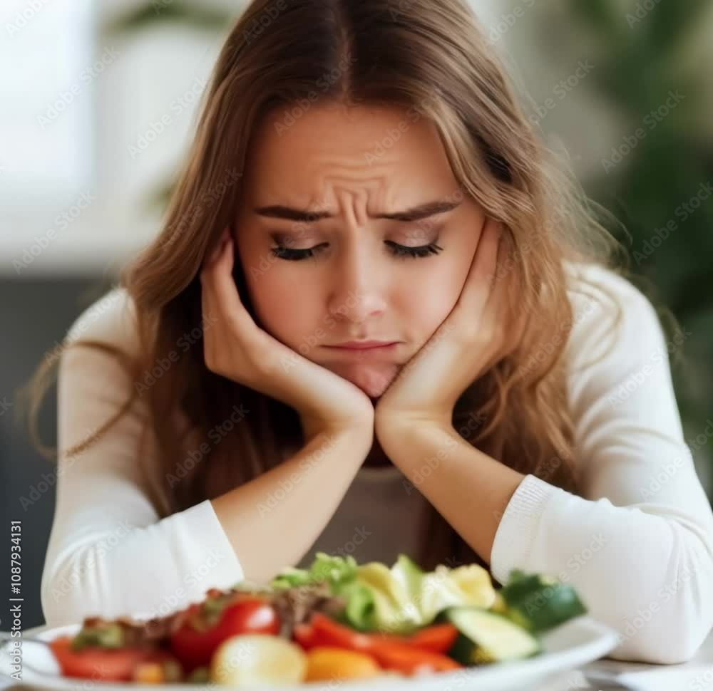 healthy food - young blond frustrated woman healthy food - young blond frustrated woman
