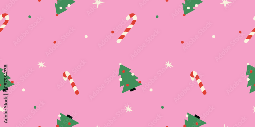 Cute Christmas seamless pattern with candy cane, stars on pink background for holiday designs. Cute Christmas seamless pattern with candy cane, stars on pink background for holiday designs.