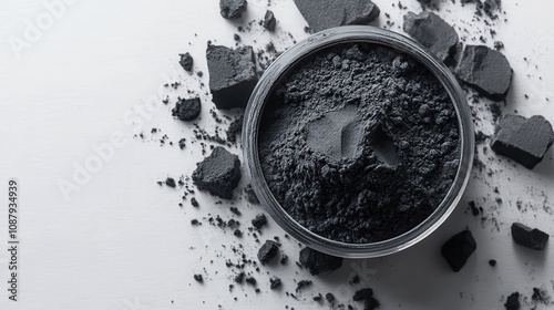 Natural cosmetic black clay powder displayed on a white background with clay stones, perfect for wellness and beauty applications
