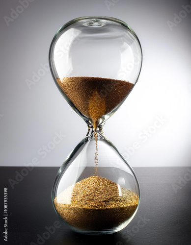 A transparent hourglass with gold sand is placed on a black table with a clean white background