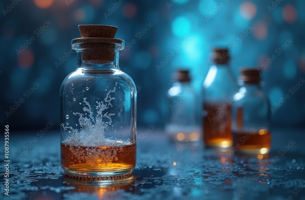 Bottles of amber liquid create a mesmerizing display amidst a sparkling backdrop in an enchanting setting Bottles of amber liquid create a mesmerizing display amidst a sparkling backdrop in an enchanting setting