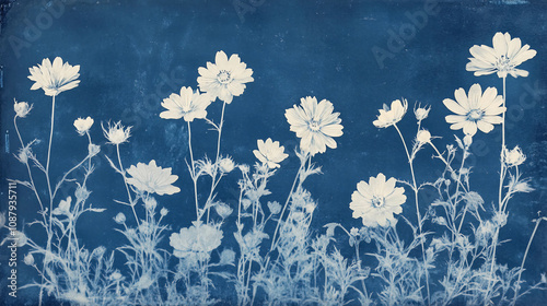 Vintage pressed cyanotype flowers background