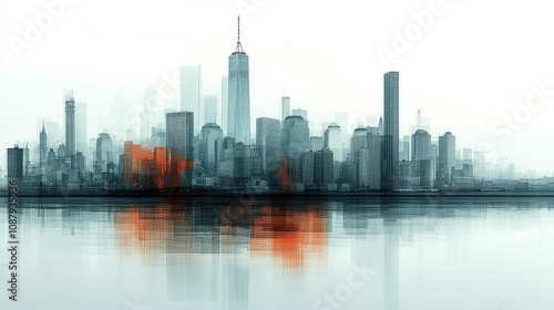 A city skyline features tall buildings with vibrant oranges reflected on the water at twilight, showcasing New York's urban beauty and atmosphere