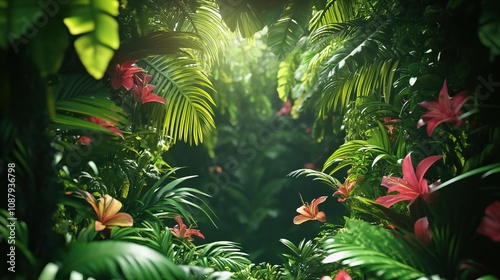 Lush jungle filled with vibrant tropical flowers and sunlight - ideal concept for advertising travel agencies photo