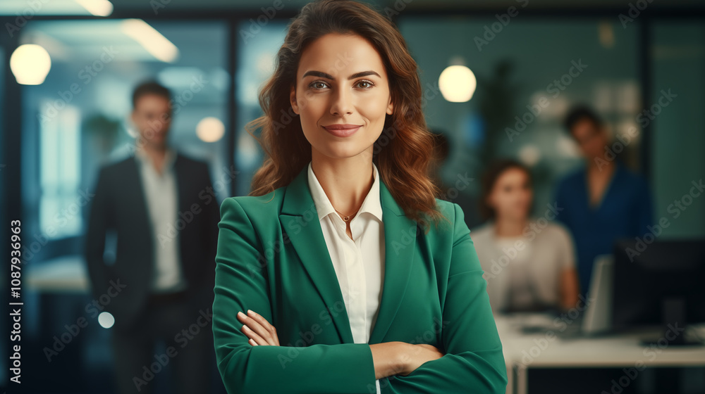 Obraz premium Happy proud prosperous professional business woman ceo executive wearing a suit standing in office arms crossed office blurred background