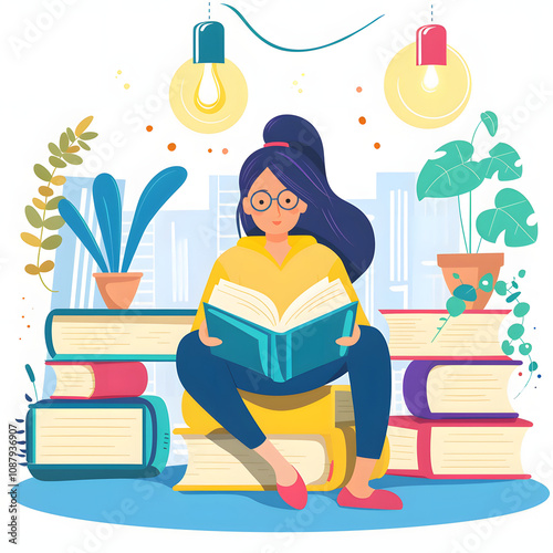 study concept, education concept, back to school, read a book, learn, knowledge, studying, library, flat illustration vector with white shades, png photo