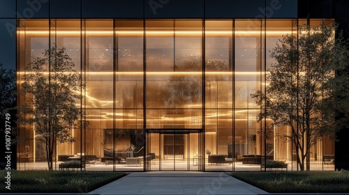 Modern building entrance at night with warm lighting.