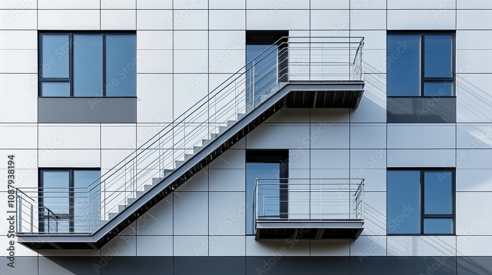 Modern building exterior with fire escape. Modern building exterior with fire escape.