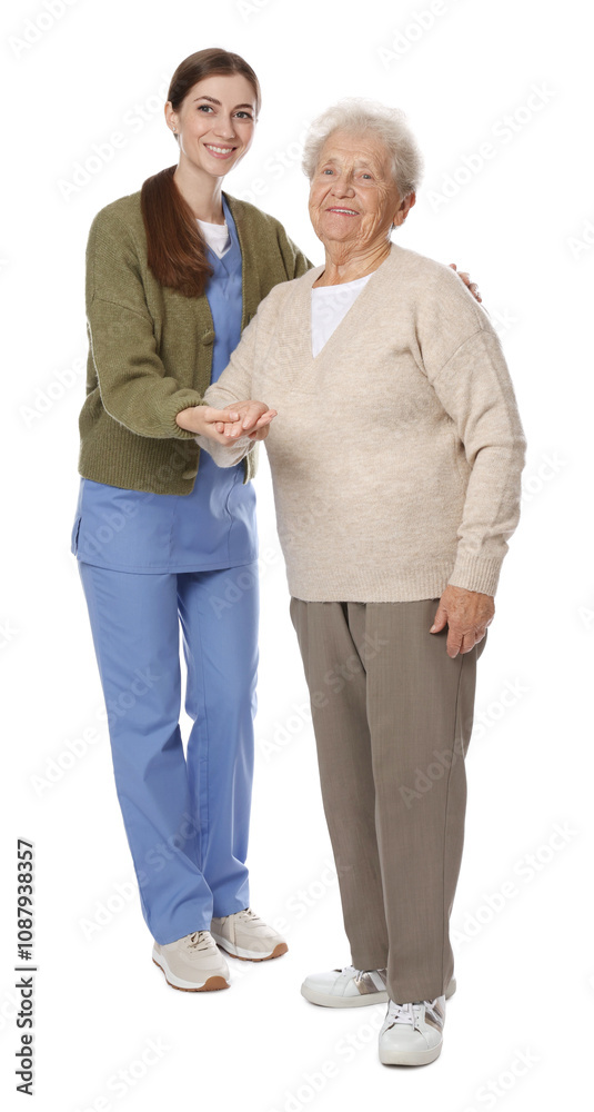 Caregiver supporting senior woman on white background. Home health care service Caregiver supporting senior woman on white background. Home health care service
