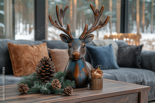 Fototapeta Naklejka Na Ścianę i Meble -  Waza w kształcie renifera stoi na drewnianej ławie