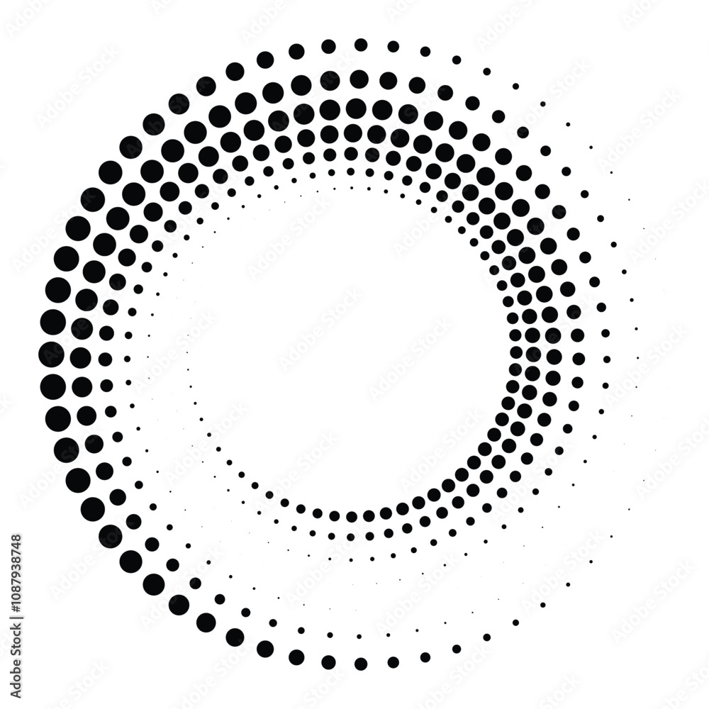 Black round halftone texture. Dotted radial swirl or tornado shape. Gradient circle. Pop art retro style. Black round halftone texture. Dotted radial swirl or tornado shape. Gradient circle. Pop art retro style.
