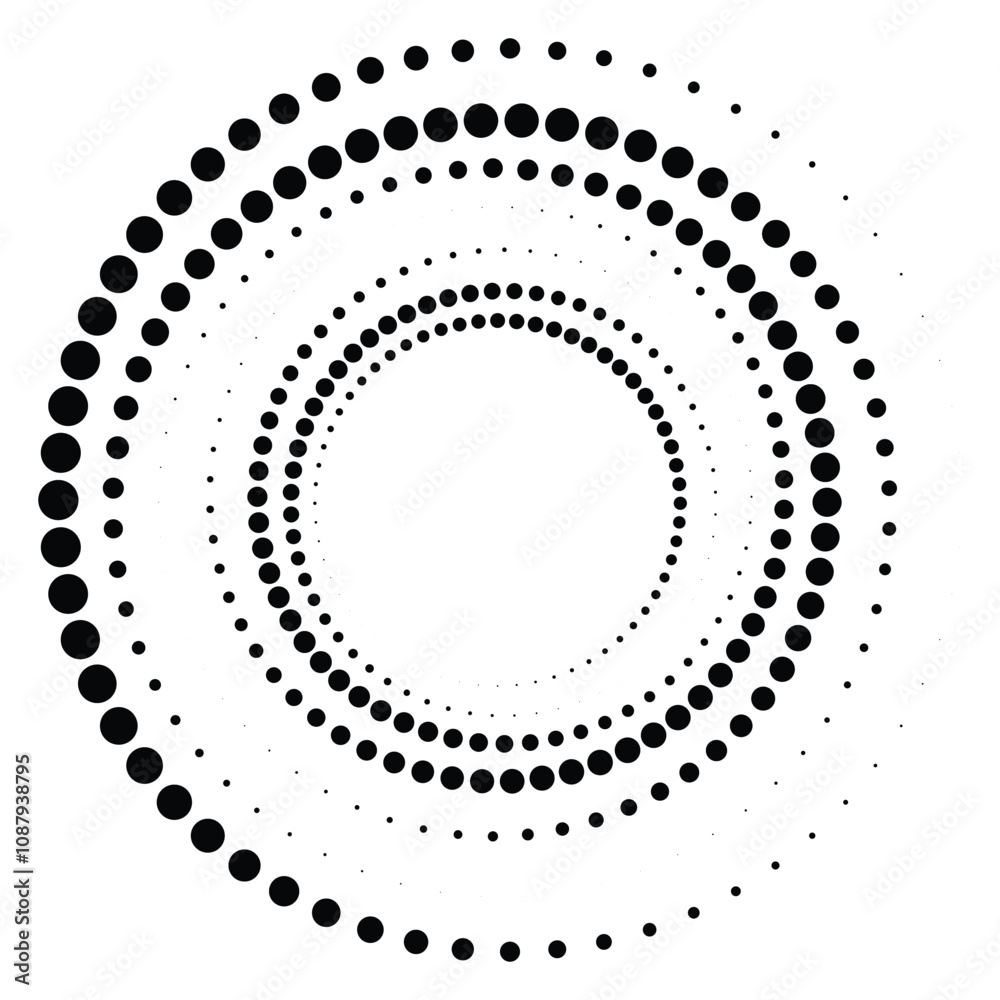 Black round halftone texture. Dotted radial swirl or tornado shape. Gradient circle. Pop art retro style. Black round halftone texture. Dotted radial swirl or tornado shape. Gradient circle. Pop art retro style.