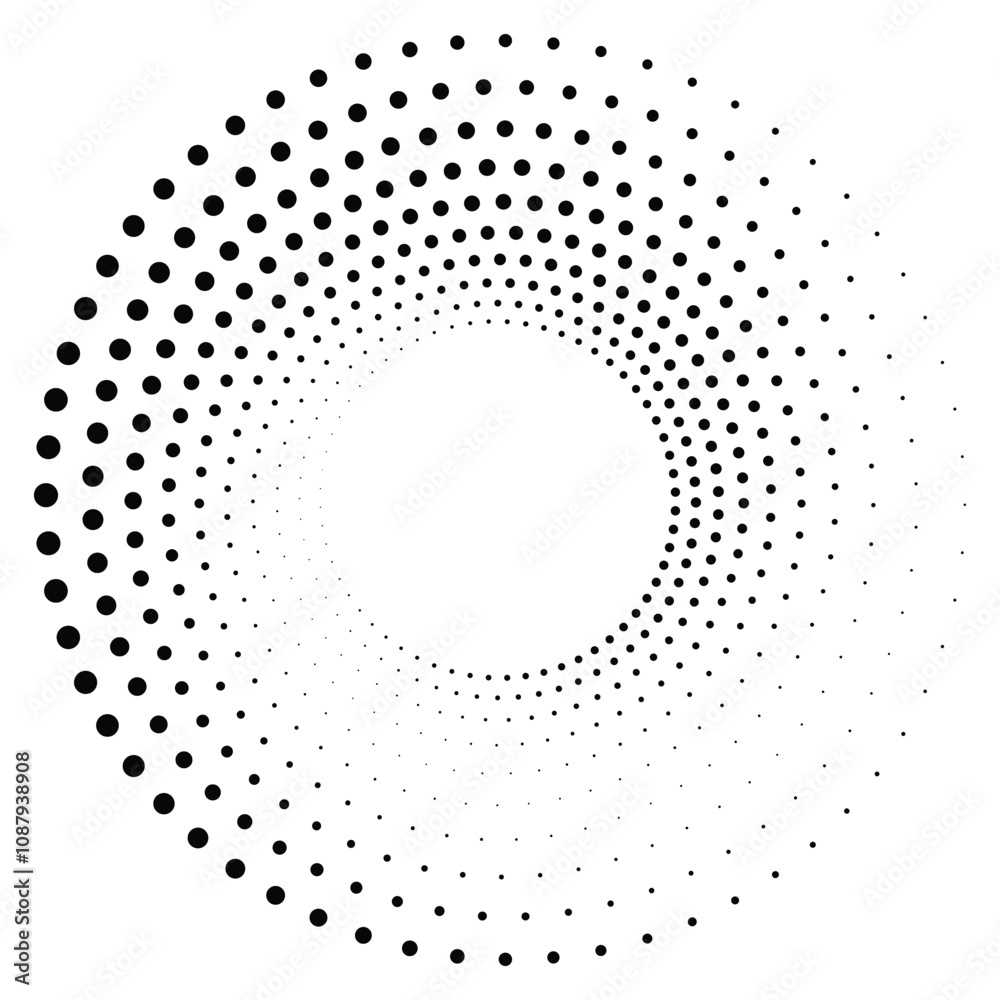 Black round halftone texture. Dotted radial swirl or tornado shape. Gradient circle. Pop art retro style. Black round halftone texture. Dotted radial swirl or tornado shape. Gradient circle. Pop art retro style.
