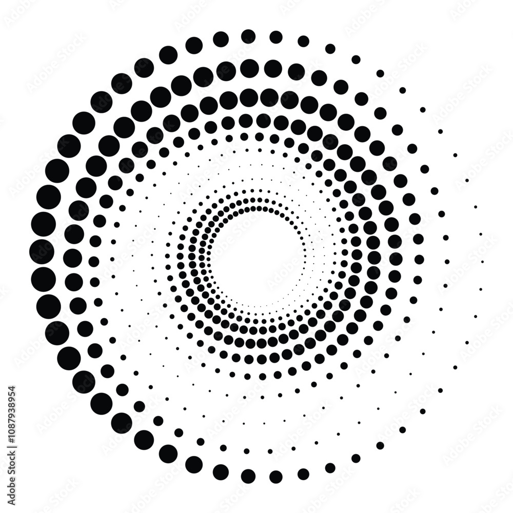 Black round halftone texture. Dotted radial swirl or tornado shape. Gradient circle. Pop art retro style. Black round halftone texture. Dotted radial swirl or tornado shape. Gradient circle. Pop art retro style.