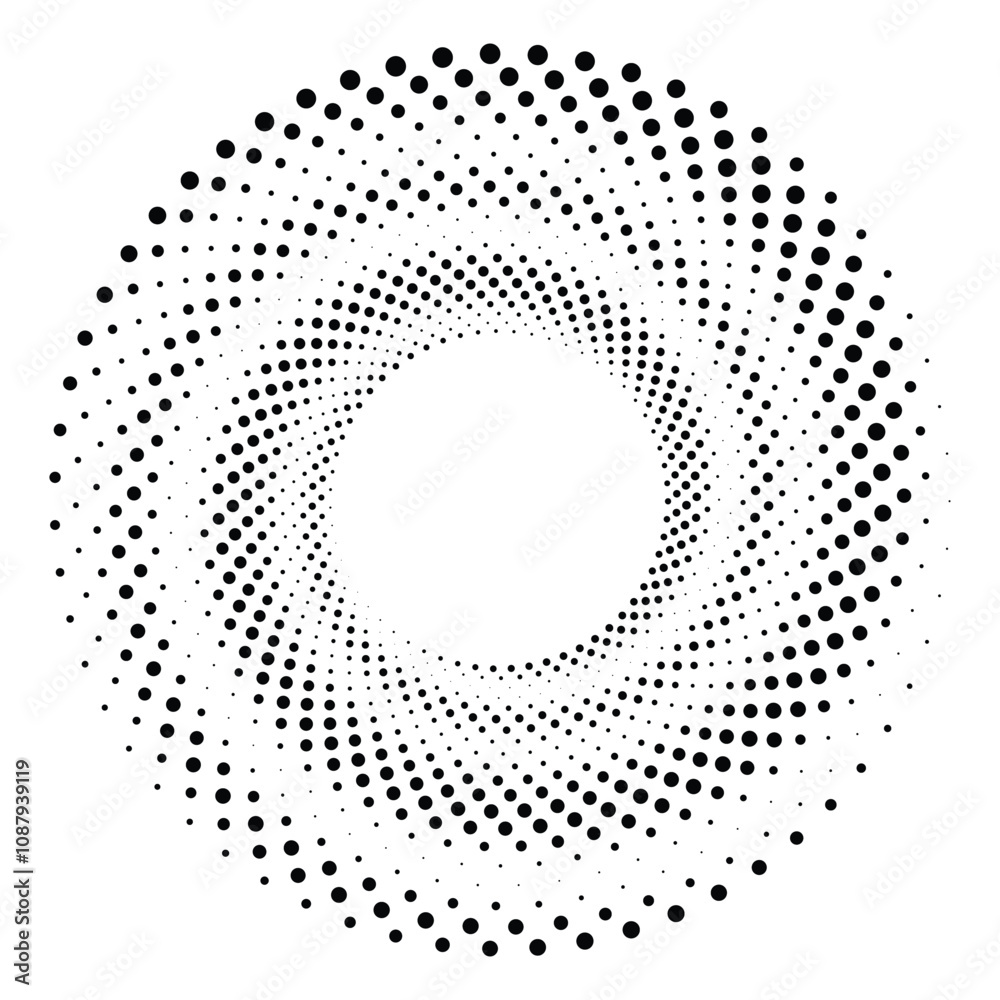 Black round halftone texture. Dotted radial swirl or tornado shape. Gradient circle. Pop art retro style. Black round halftone texture. Dotted radial swirl or tornado shape. Gradient circle. Pop art retro style.