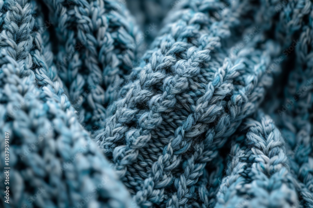 Close-up View of Soft Textured Knitting in Calm Shades of Blue, Perfect for Illustrating Cozy Themes and Warm Textile Designs in Stock Photography Close-up View of Soft Textured Knitting in Calm Shades of Blue, Perfect for Illustrating Cozy Themes and Warm Textile Designs in Stock Photography
