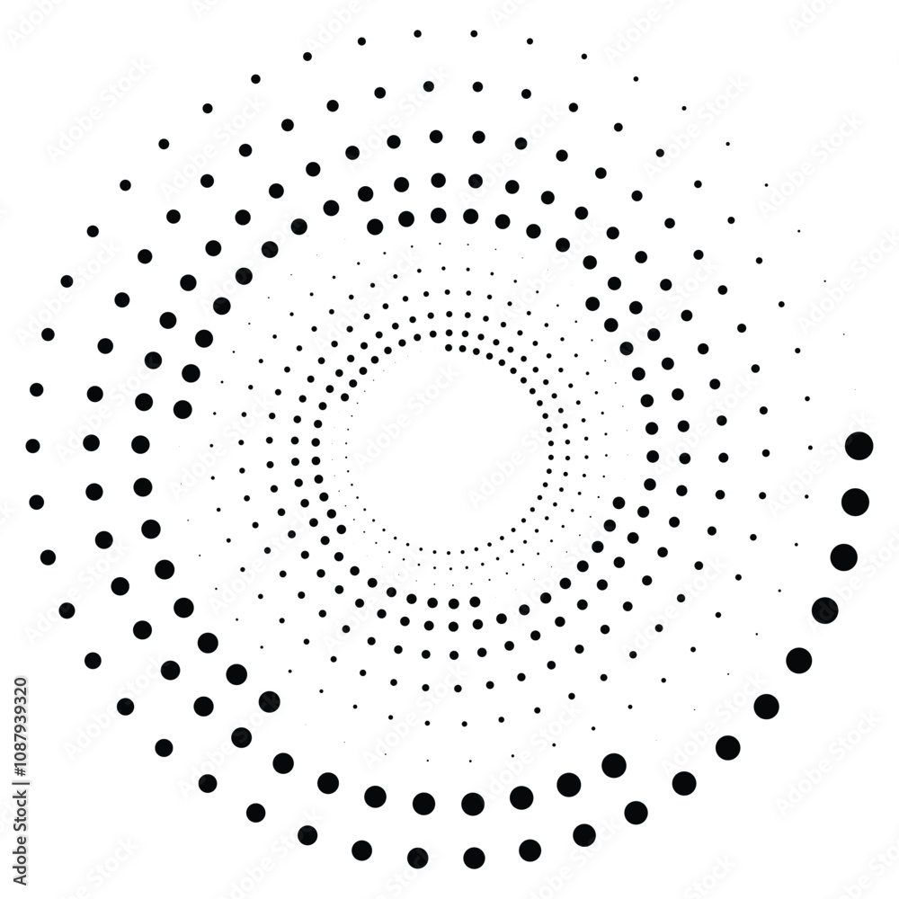 Black round halftone texture. Dotted radial swirl or tornado shape. Gradient circle. Pop art retro style. Black round halftone texture. Dotted radial swirl or tornado shape. Gradient circle. Pop art retro style.