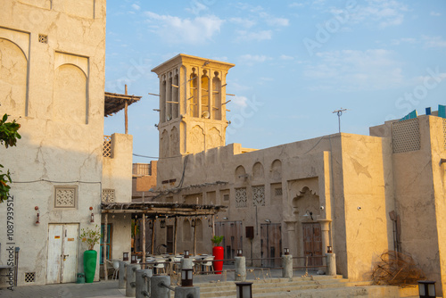 Photography Historic Islamic style building in Al Fahidi Historical Neighbourhood (Al Bastakiya) at Dubai Creek in Dubai Old Village, city of Dubai, United Arab Emirates UAE