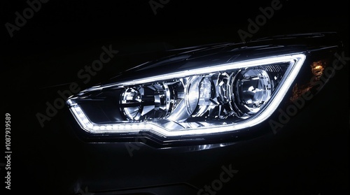 A car headlight with a white light photo