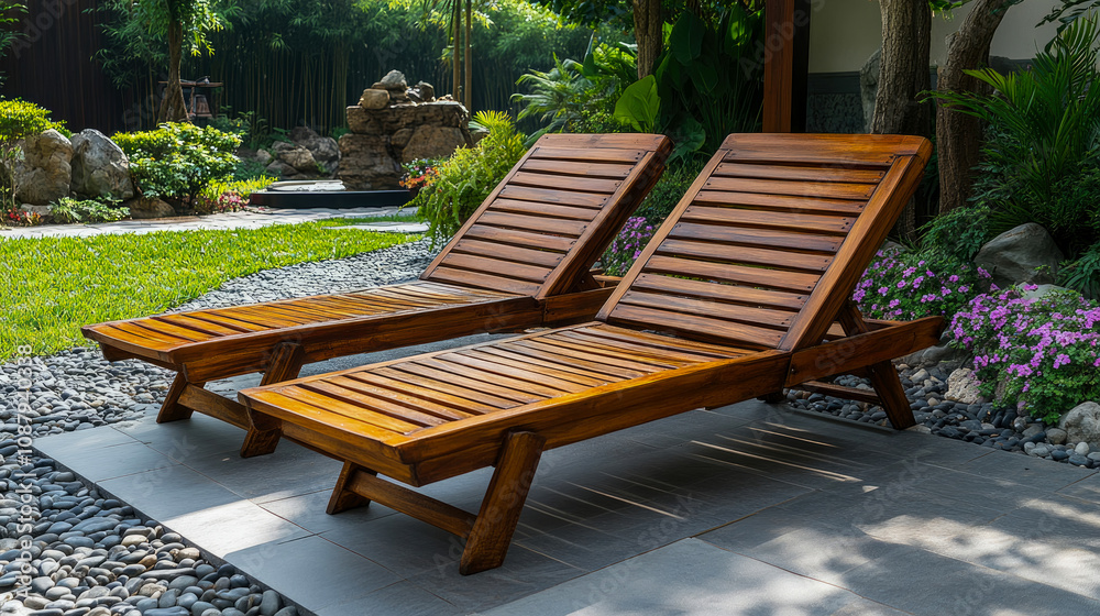 Two wooden lounge chairs invite relaxation in a tranquil garden filled with vibrant plants and soothing stones on a warm sunny day Two wooden lounge chairs invite relaxation in a tranquil garden filled with vibrant plants and soothing stones on a warm sunny day
