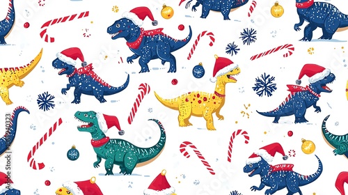 Quirky Christmas sweater pattern with dancing dinosaurs wearing Santa hats, scattered candy canes, neon Christmas lights, mismatched colors on white background, retro knit texture photo