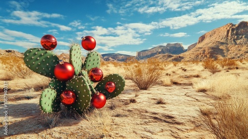 cactus with red christmas balls in the middle of the desert photo