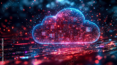 A brilliant digital cloud glows with shimmering lights, surrounded by a kaleidoscope of colors, illustrating data transmission in a futuristic setting