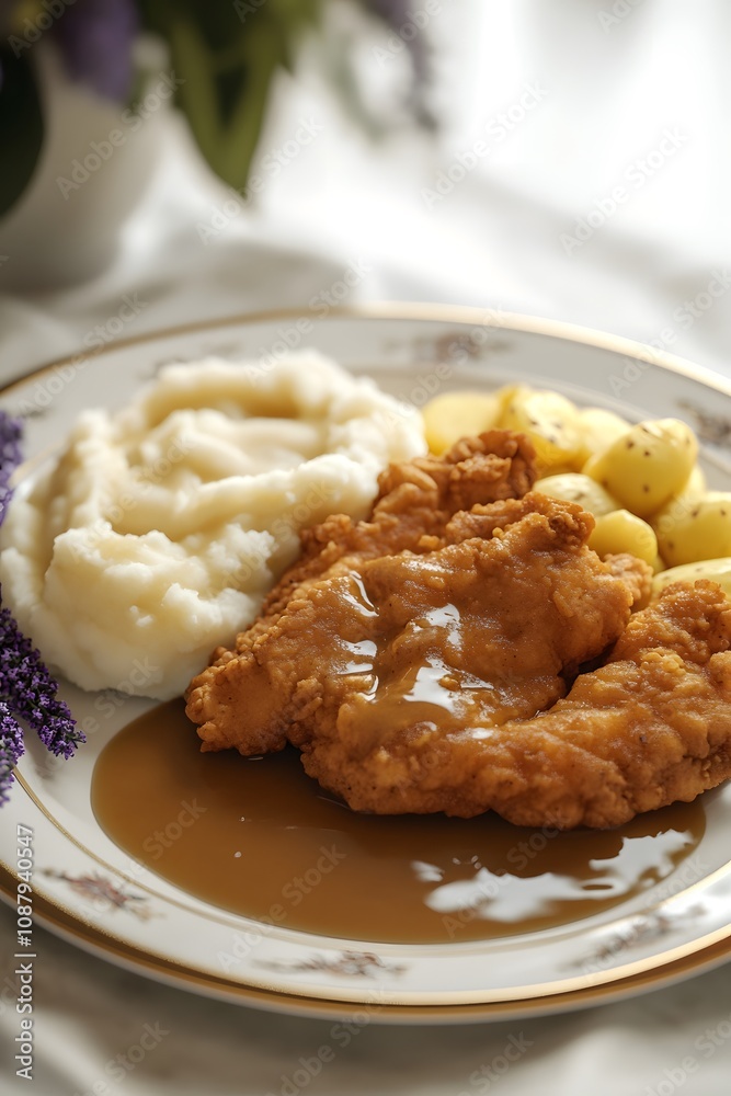 A plate featuring fried chicken with gravy, mashed potatoes, and boiled potatoes. A plate featuring fried chicken with gravy, mashed potatoes, and boiled potatoes.