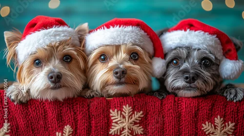 Obraz Trzy małe psy ubrane w czerwone świąteczne czapki