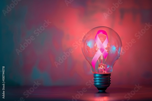 Conceptual image of a light bulb with a pink ribbon symbolizing support for breast cancer awareness, glowing softly against a colorful background in a modern setting.