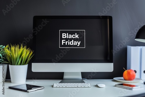 Modern workspace displaying a computer monitor with a Black Friday promotion, featuring plants, an apple, and organized stationery items on a clean desk photo